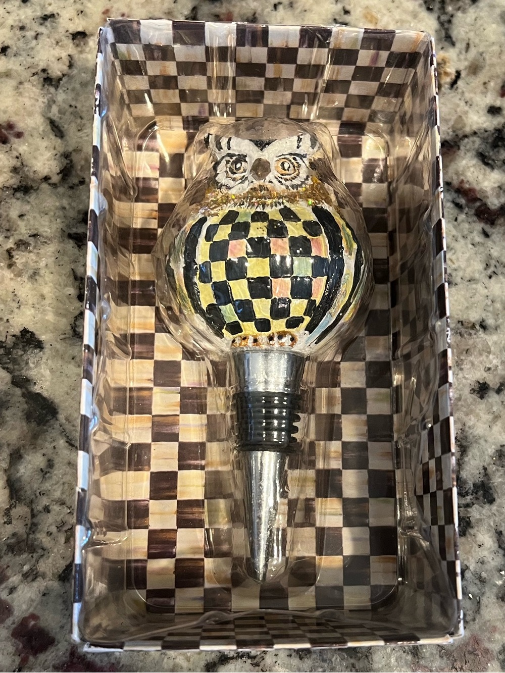 Mackenzie-Childs Owl Wine Bottle Stopper, New in Box, Courtly Check.
